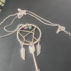 Bohemian Silver Tone Dreamcatcher Arrowhead Necklace Feather Charm - Fashion